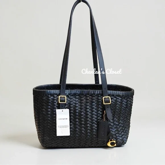 Coach Black Woven Leather Swing Tote Carryall Shoulder Bag Purse - Picture 3 of 13
